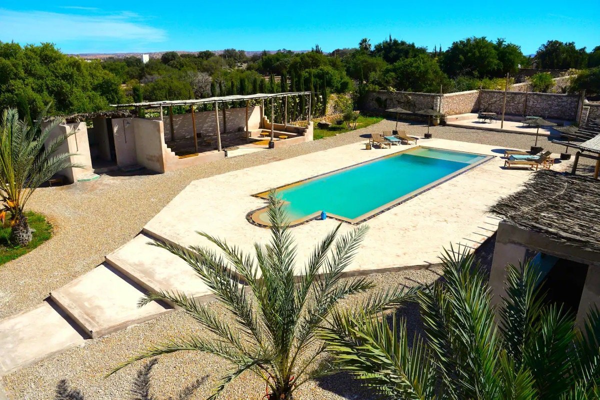 Aerial view of the retreat villa pool in Morocco
